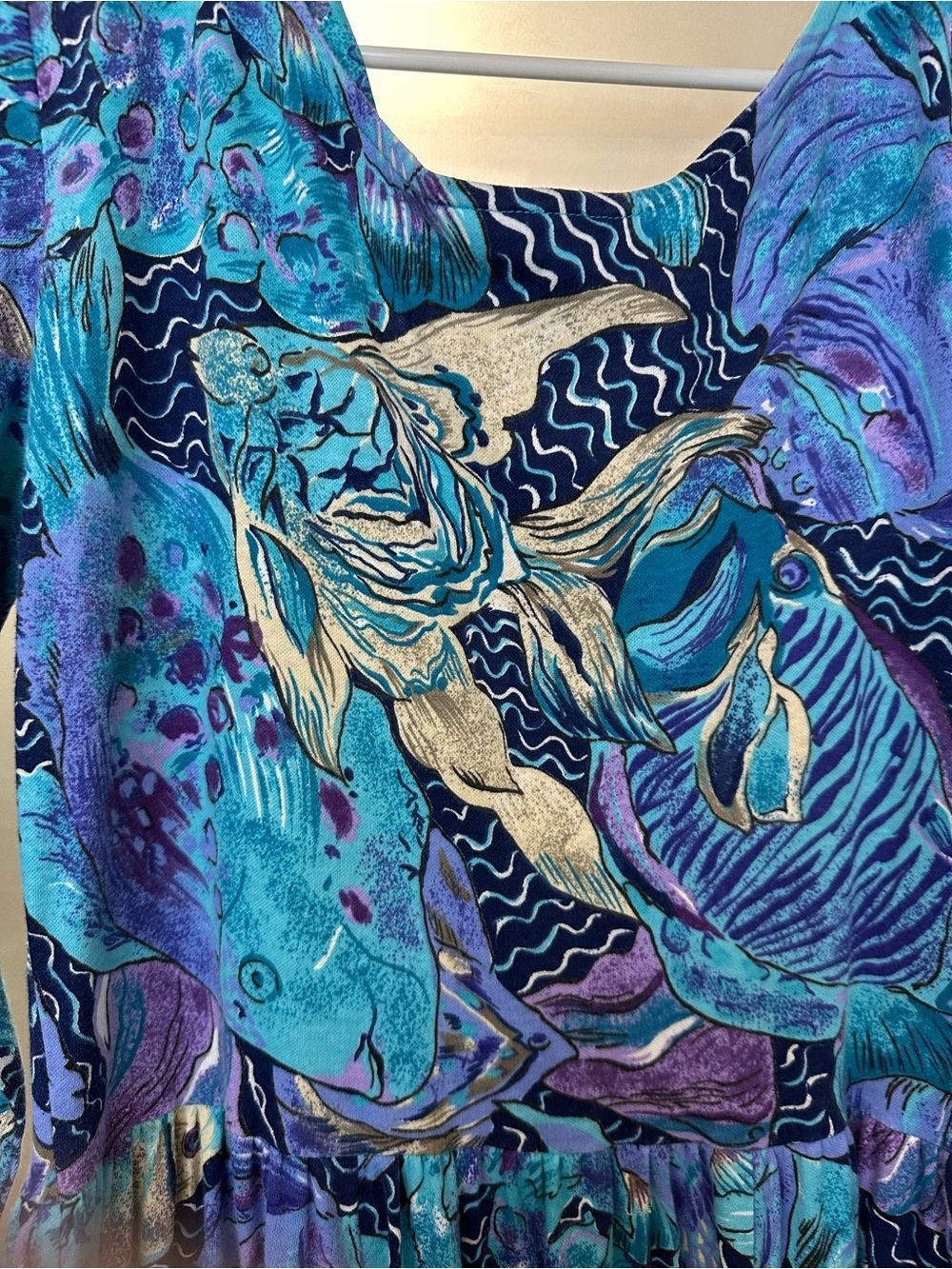 vintage 1980s Lanz Originals fish print midi blue purple dress size large - Picture 5 of 12